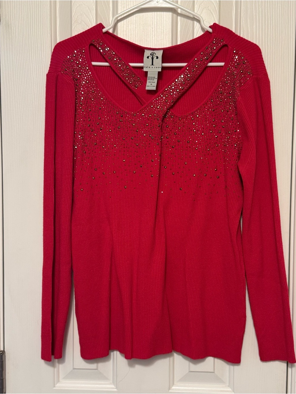 Red Embellished V-Neck Sweater with Cutout Detail